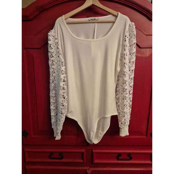 NWT Grace Karin 2XL White Daisy Lace Sheer Sleeves Bodysuit Snap Crotch Giftable - Picture 1 of 5